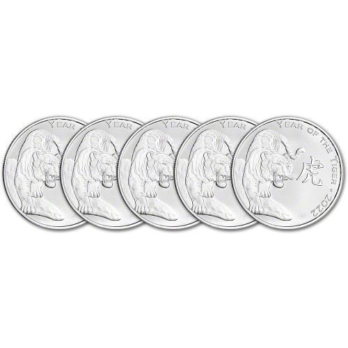 FIVE (5) 1 oz Highland Mint Silver Round 2022 Lunar Year of the Tiger .999 Fine [SILVER-Rnd-1oz-HM-TIGER(5)]