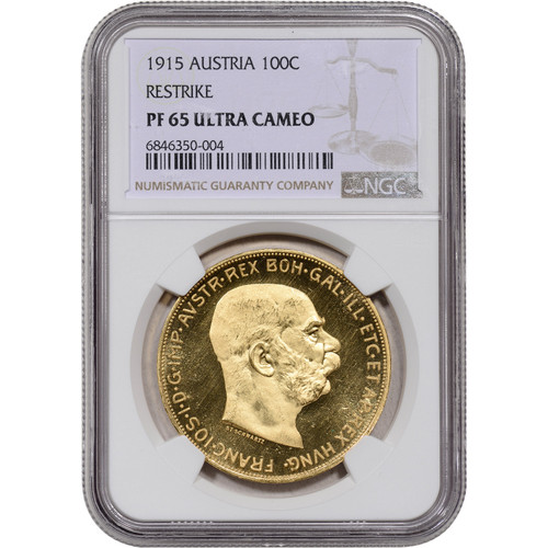 1915 Austria Gold 100 Corona Proof .9802 oz - Restrike - NGC PF65 Ultra Cameo [100347]