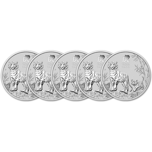 2022 P Australia Silver Lunar Year of the Tiger 1/2 oz 50C - BU - Five 5 Coins [22-P-TIGER-S50C-BU(5)]