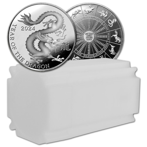 TWENTY (20) 1 oz Highland Mint Silver Round Lunar Dragon .999 Roll Tube of 20 [SILVER-Rnd-1oz-HM-DRAGON(20)]