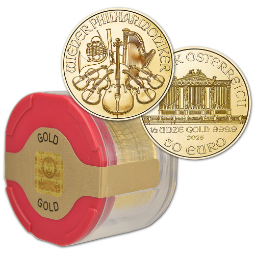 2025 Austria Gold Philharmonic 1/2 oz 50 Euro - 1 Roll 10 BU Coins in Mint Tube [25-PHIL-G50-BU(10)]