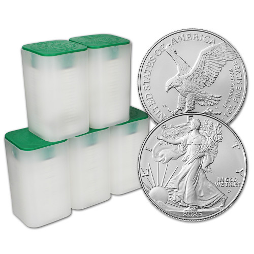 2025 American Silver Eagle 1 oz $1 5 Rolls 100 BU Coins in 5 Mint Tubes [25-ASE-BU(100)]