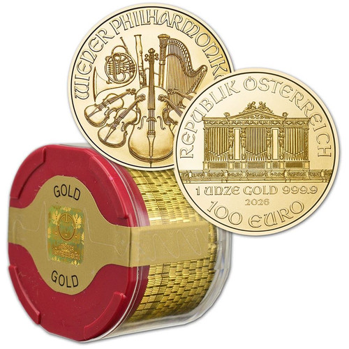 2026 Austria Gold Philharmonic 1 oz 100 Euro - 1 Roll 10 BU Coins in Mint Tube