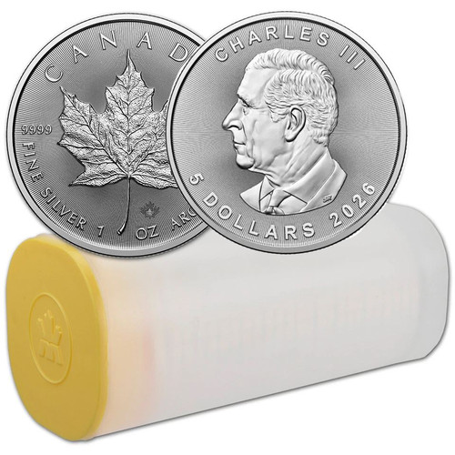 2026 Canada Silver Maple Leaf - 1 oz - $5 - 1 Roll - Twenty-five 25 BU Coins
