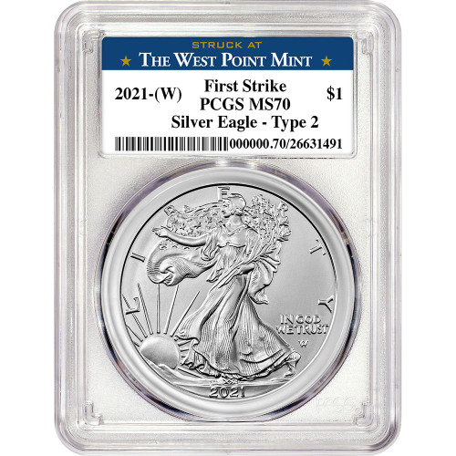 2021 (W) American Silver Eagle Type 2 - PCGS MS70 First Strike West Point Label [21-(W)-ASE-T2-P-MS70-FS-WP]