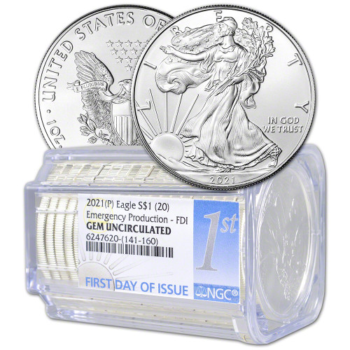 Roll of 20 - 2021 (P) American Silver Eagle NGC Gem Uncirculated First Day Issue [21-(P)-ASE-N-GU-FDI-1st-ROLL]