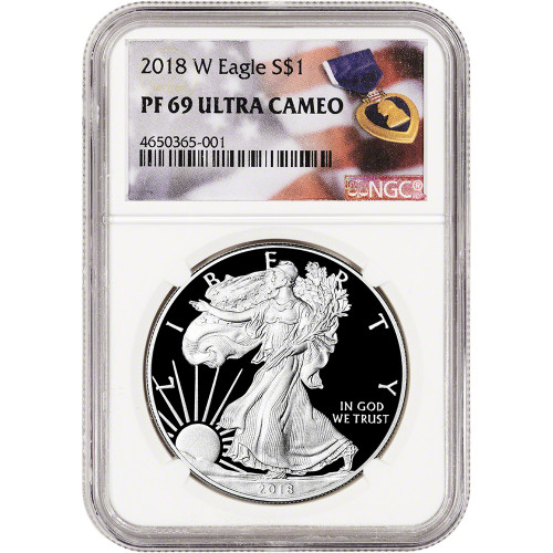 2018 W American Silver Eagle Proof - NGC PF69 UCAM Purple Heart Label [18-W-ASE-N-PF69-PH]