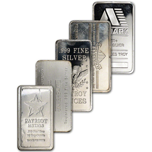 FIVE (5) 10 oz. Silver Bar - Random Brand - Secondary Market - .999 Fine [SILVER-BAR-10oz-RANDOM(5)]