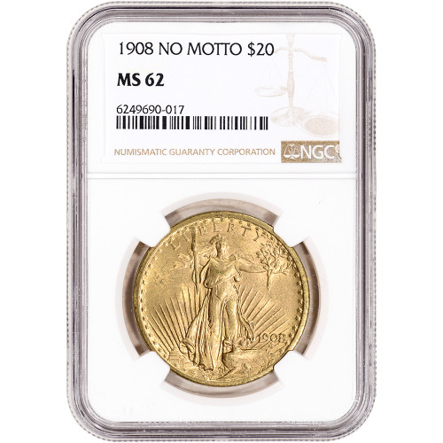 US Gold $20 Saint-Gaudens Double Eagle - NGC MS62 - 1908 No Motto [X-USG-STG-N-MS62-NM-NSL]