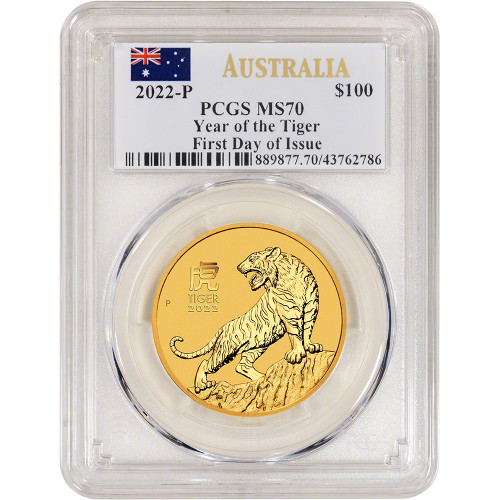 2022 P Australia Gold Lunar Series Year of Tiger 1 oz $100 PCGS MS70 First Day [22-P-TIGER-G100-P-MS70-FDI-AU]