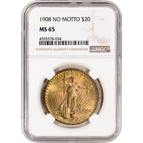 US Gold $20 Saint-Gaudens Double Eagle - NGC MS65 - 1908 No Motto [X-USG-STG-N-MS65-NM-NSL]