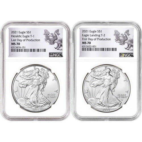 2021 American Silver Eagle T1 T2 Set - NGC MS70 First and Last Day