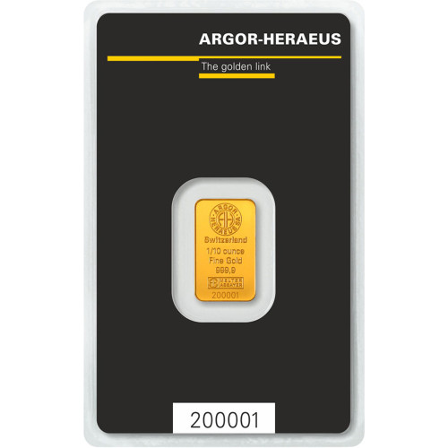 1/10 oz Gold Bar - Argor Heraeus - 999.9 Fine in Assay [GOLD-Bar-0.1oz-AH-Assay]