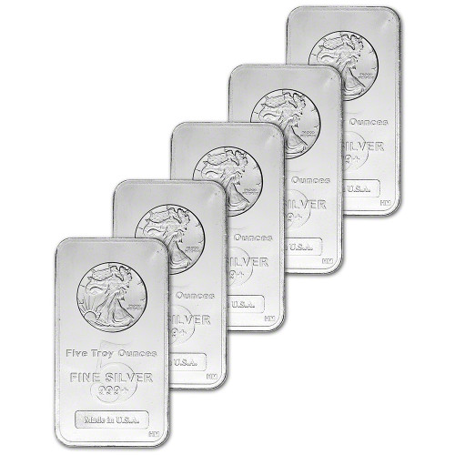 FIVE (5) 5 oz. Highland Mint Silver Bar - Walking Liberty Design .999+ Fine [SILVER-Bar-5oz-HM-WALKER(5)]