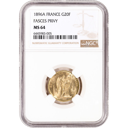 1896 A France Gold 20 Francs - NGC MS64 Fasces Privy [WG-02659]