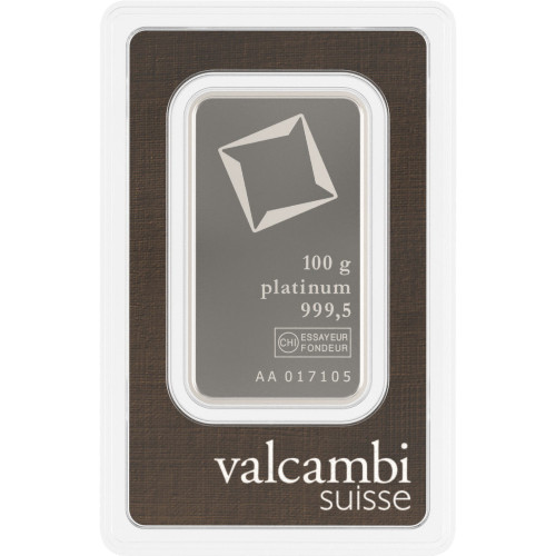 100 gram Platinum Bar - Valcambi Suisse - 999.5 Fine in Sealed Assay [PT-Bar-100g-VALCAMBI-Assay]