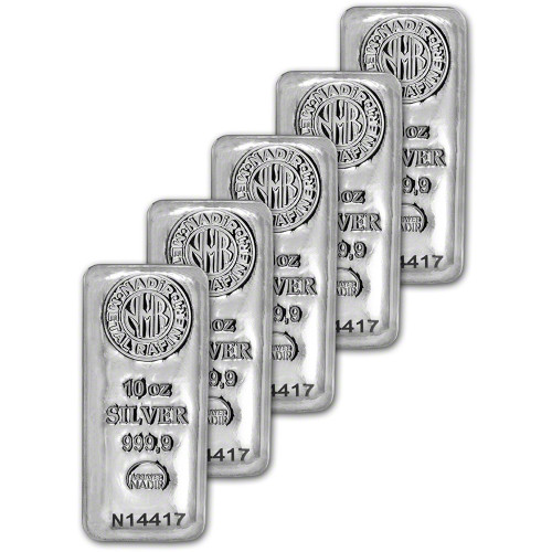 FIVE (5) 10 oz. Nadir Metal Rafineri Refinery Silver Bar - 999.9 Fine [SILVER-Bar-10oz-NMR(5)]