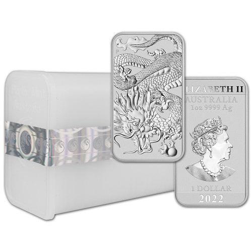 2022 P Australia Silver Dragon Rectangle Coin 1 oz $1  Twenty Coins in Mint Tube [22-P-AU-DRAGONBAR-S1-BU(20)]