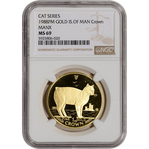 1988 PM Isle of Man Gold 1 Crown - Cat Series - Manx - NGC MS69 [WG-02803]