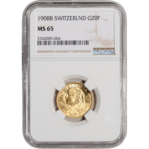 1908 B Switzerland Gold 20 Francs - NGC MS65 [WG-02851]