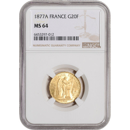 1877 A France Gold 20 Francs - NGC MS64 [WG-02892]