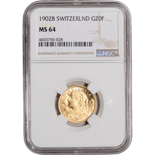 1902 B Switzerland Gold 20 Francs - NGC MS64 [WG-02848]