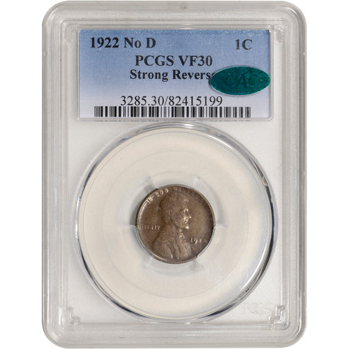 1922 No D US Lincoln Wheat Cent 1C - PCGS VF30 - Strong Reverse CAC Verified [LC-HV-02062]