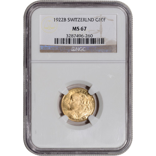 1922 B Switzerland Gold 10 Francs - NGC MS67 [WG-02913]