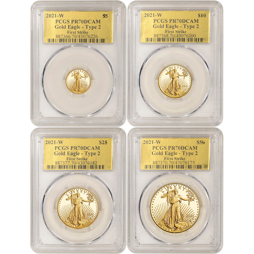 2021 W American Gold Eagle Type 2 Proof 4-pc Year Set PCGS PR70 First Strike [21-W-AGE-SET-T2-P-PR70-FS-GF]