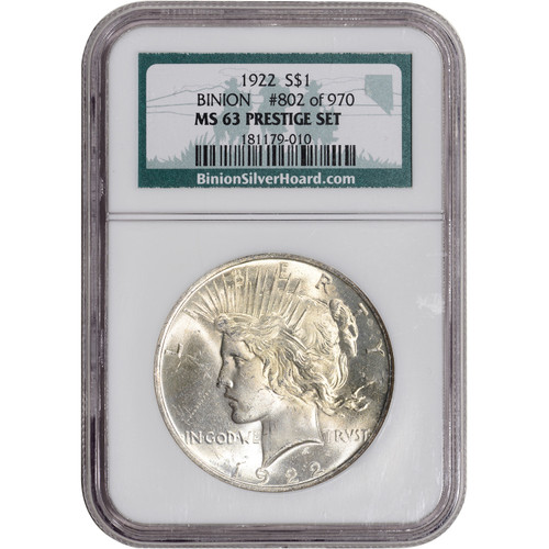 1922 US Peace Silver Dollar $1 - NGC MS63 Prestige Set Binion #802 of 970 [LC-19904]