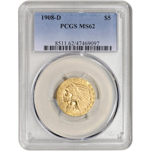 1908 D US Gold $5 Indian Head Half Eagle - PCGS MS62 [USG-04305]