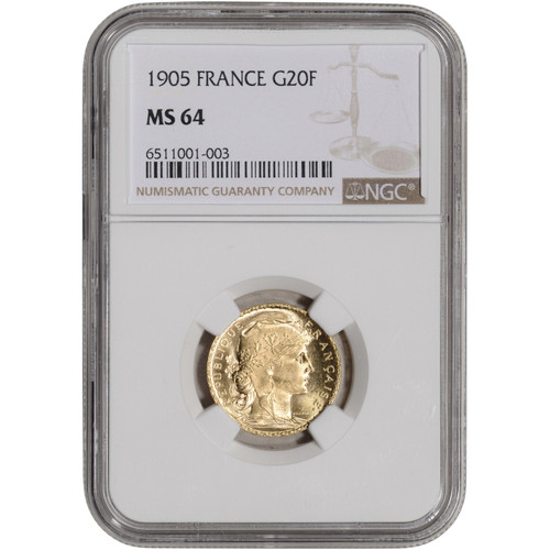 1905 France Gold 20 Francs - NGC MS64 [WG-03012]