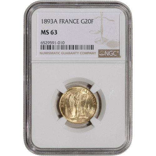 1893 A France Gold 20 Francs - NGC MS63 [WG-03041]