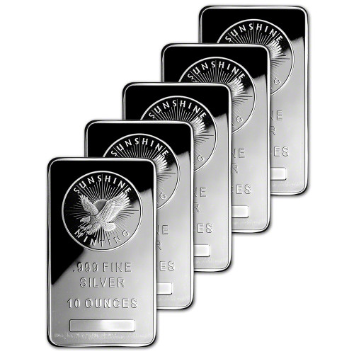 FIVE (5) 10 oz. Silver Bars - Sunshine Minting - .999 Fine [SILVER-Bar-10oz-SMI(5)]