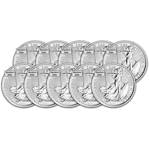 Great Britain Silver Britannia £2 - 1 oz - BU - Ten 10 Coins - Random Date [X-GB-BRIT-S2-BU(10)]