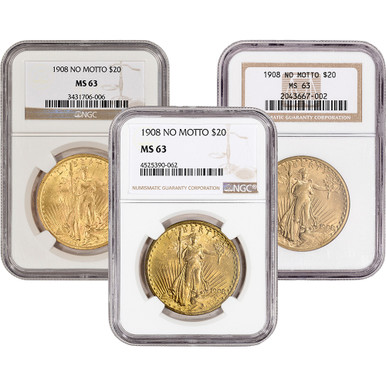 US Gold $20 Saint-Gaudens Double Eagle NGC MS63 1908 No Motto Random Label [X-USG-STG-N-MS63-NM-XLABEL]