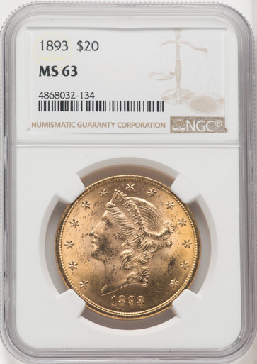 1893 US Gold $20 Liberty Head Double Eagle - NGC MS 63 [V-HA