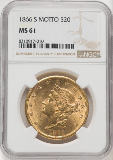 1866 S MOTTO US Gold $20 Liberty Head Double Eagle - NGC MS 61 [V