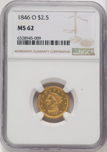1846 O US Gold $2.50 Liberty Head Quarter Eagle - NGC MS 62