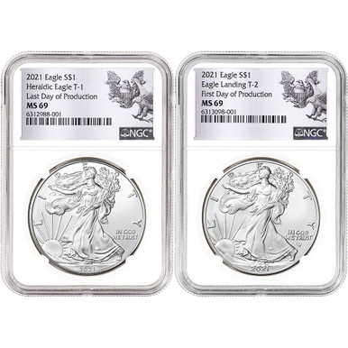 2021 American Silver Eagle T1 T2 Set - NGC MS69 First and Last Day
