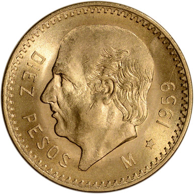 1959 Mexico Gold 10 Pesos .2411 oz - BU Restrike [59-MX-G10PESO-BU