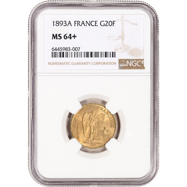1893 A France Gold 20 Francs - NGC MS64+ Plus Grade [WG-02655