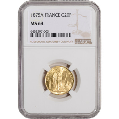 1875 A France Gold 20 Francs - NGC MS64 [WG-02891] - Liberty Coin