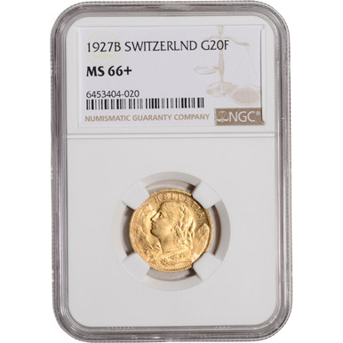 1927 B Switzerland Gold 20 Francs - NGC MS66+ Plus Grade [WG-02861
