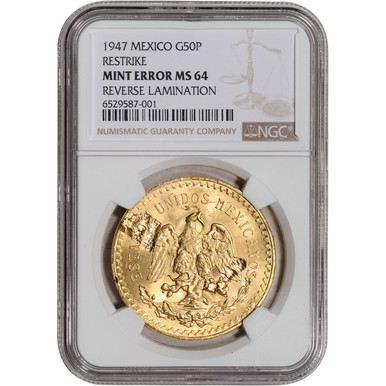 1947 Mexico Gold 50 Pesos Restrike - NGC Mint Error MS64 Reverse