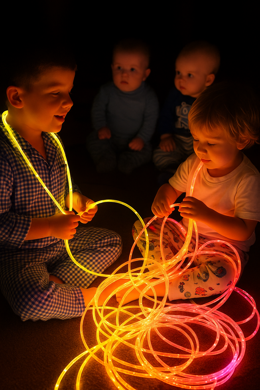 A calming sensory room featuring vibrant fiber optic lighting strands cascading in multiple colors, designed to create a mesmerizing visual display. This special needs fiber optic lighting setup provides safe tactile and visual sensory stimulation for children and adults with autism, ADHD, and sensory processing disorders. The glowing strands are arranged to encourage touch, engagement, and relaxation, making them ideal for sensory rooms, therapy clinics, and home calming corners.
