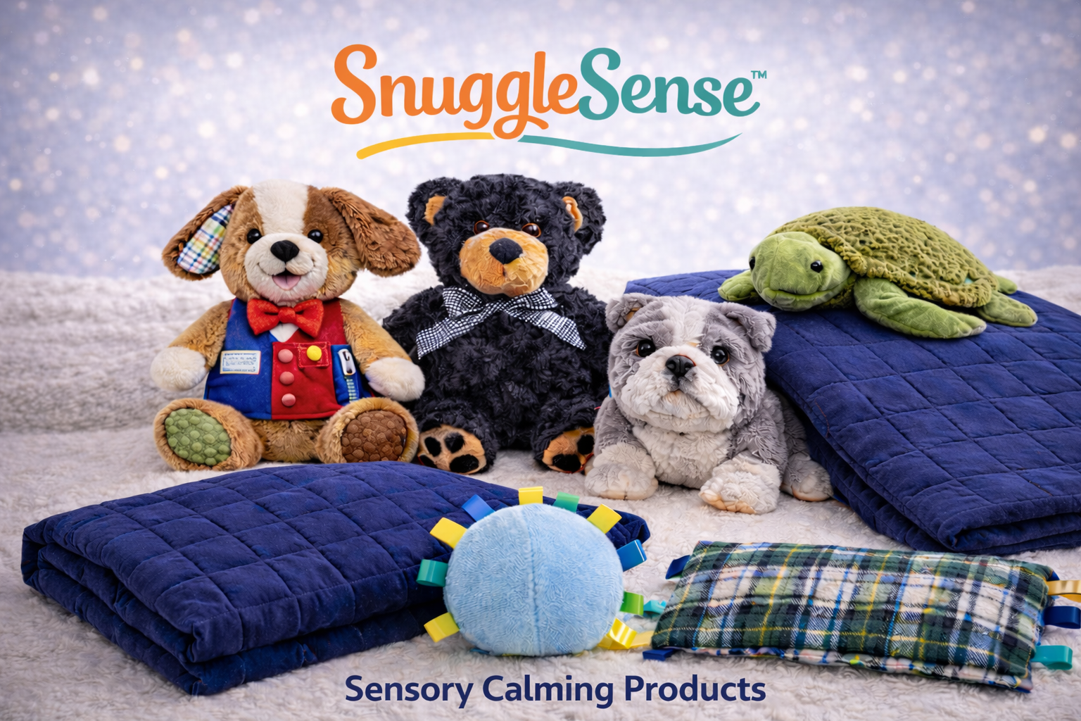 SnuggleSense sensory comfort collection featuring Buddy the Sensory Dog, Sam the Weighted Bear, Bailey the Miniature Weighted Bulldog, Sid the Sea Turtle, calming weighted blankets, tactile tag balls and lap pads