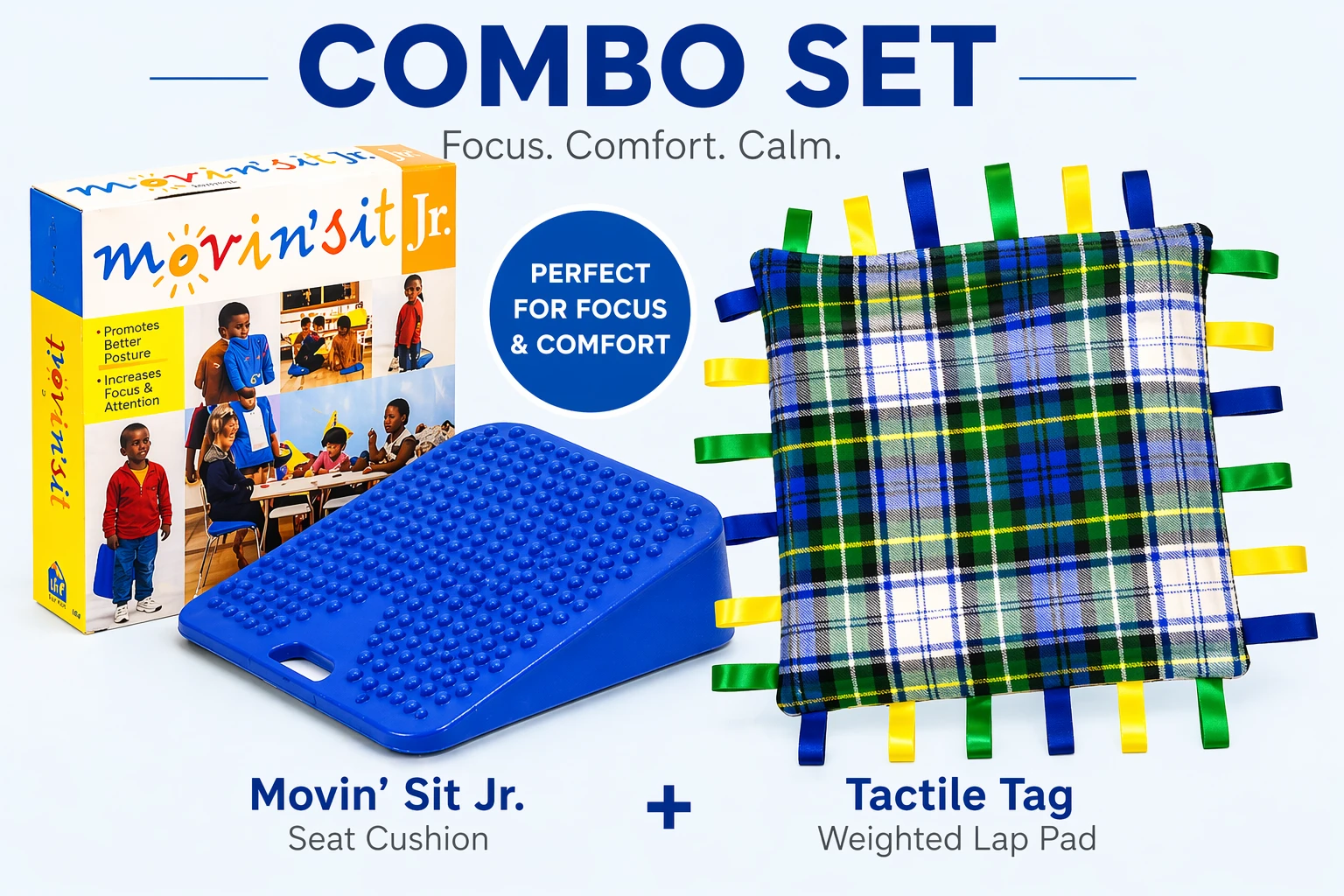 Movin Sit Jr Seat Cushion and Tactile Tag Weighted Lap Pad Combo