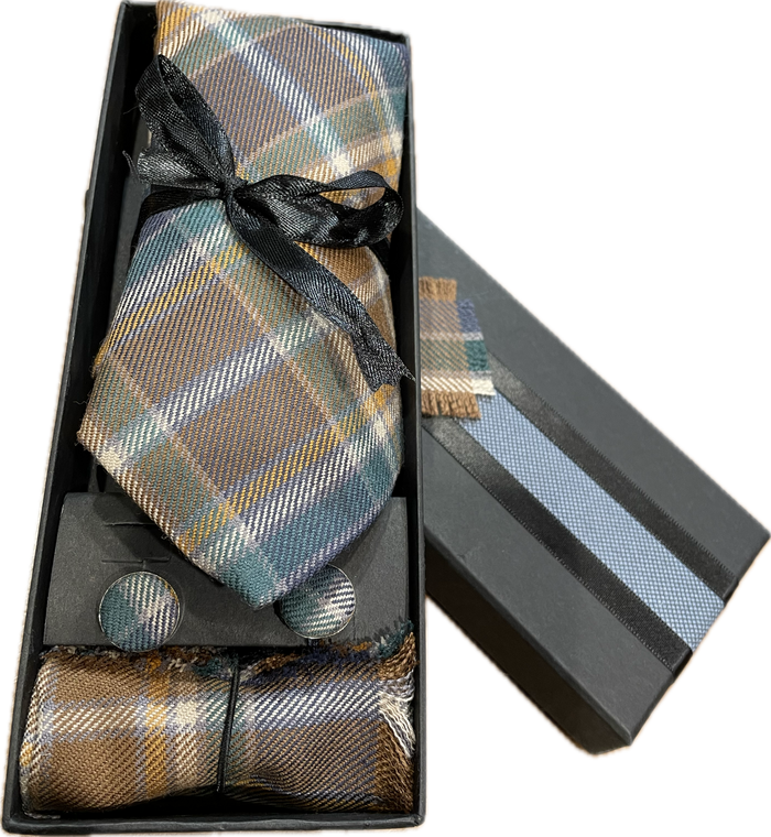Manx hunting tartan tie, pocket square and cufflinks gift set 