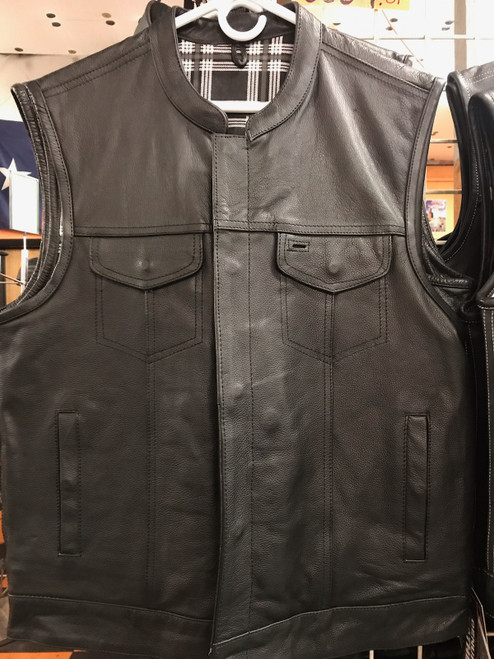 Men's leather motorcycle club vest with Black Flannel Lining